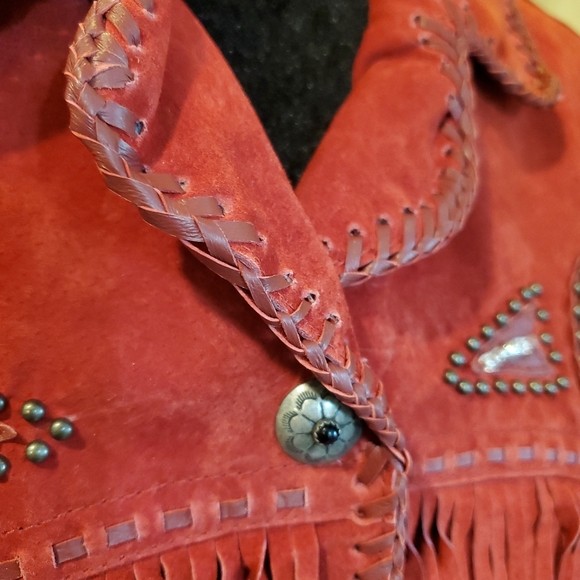 Scully NWT Red Long Leather Suade Jacket With Fringe & Silver Embellishments XXL - Picture 8 of 12